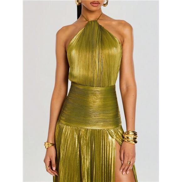 Metallic Pleated Maxi Gown -Glitter Green Halter Neck Slit Maxi - Picture 4 of 7